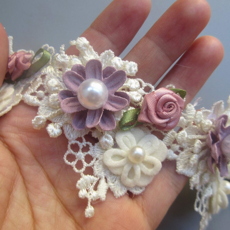 BOGZON 1 Yard Elegant Vintage Style Apricot Polyester Lace Flower Pearl Beads Ribbon Trim in 5.5 cm Width for Wedding Decoration - Image 3